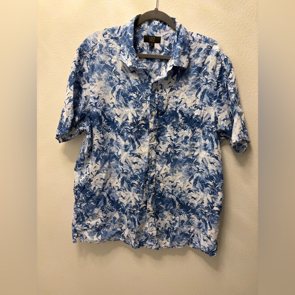 Club Room Blue & White Palm Print Short-Sleeve Button-Down Shirt